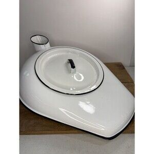 Vintage Antique Porcelain Enamel Bed Pan Complete with Cover Unused